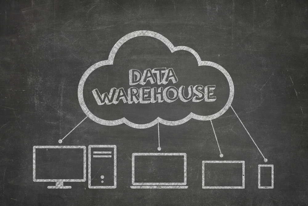 disegno alla lavagna con nuvola che indica il data warehouse e frecce che arrivano ai simboli di PC, portatile e tablet