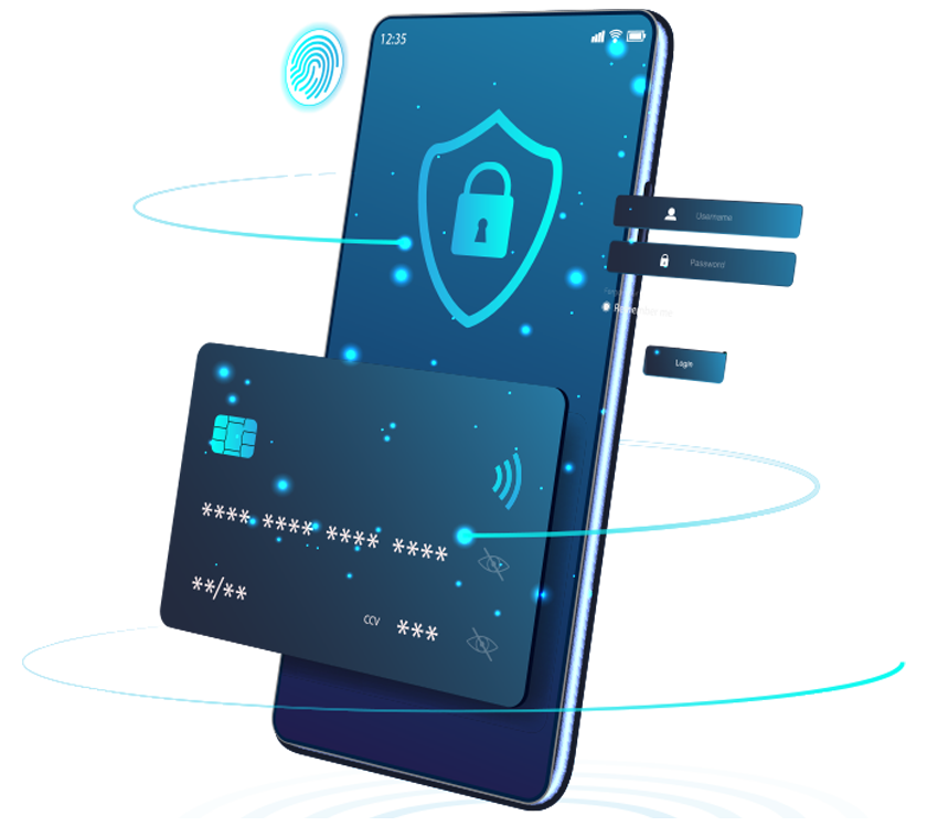 smartphone con simbolo di sicurezza attiva e carta di credito davanti