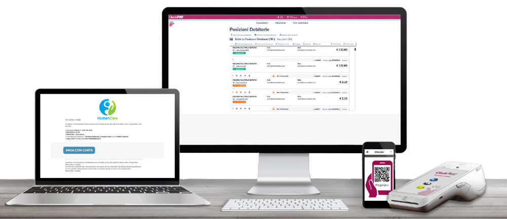 Riassunto dei servizi con computer per i report, tablet per i pagamenti con email, smartphone per scan to pay e pos